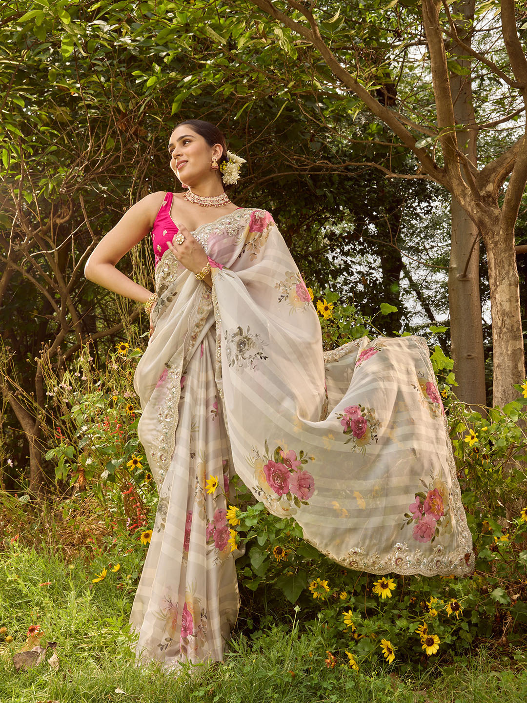 Sequin Embroidery &amp; Printed Organza Saree