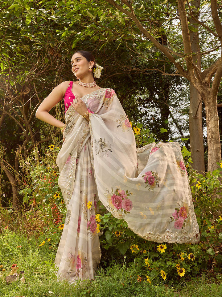Sequin Embroidery &amp; Printed Organza Saree