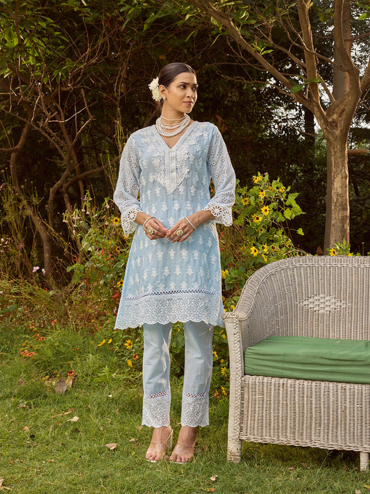 Printed & Lace Work Cotton Blend Shirt With Pant