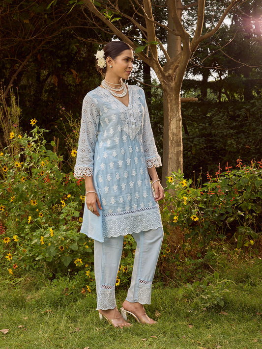 Printed & Lace Work Cotton Blend Shirt With Pant