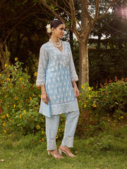 Printed & Lace Work Cotton Blend Shirt With Pant