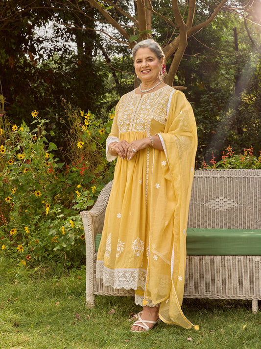 Neck Embroidery Cotton Anarkali With Pants & Dupatta