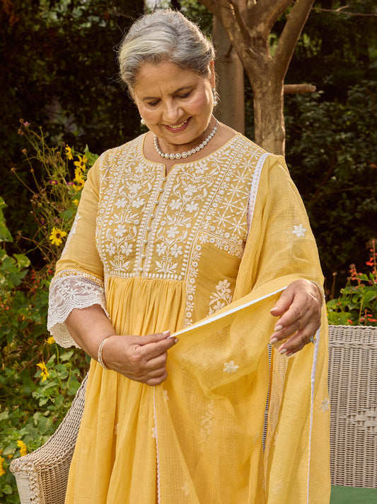 Neck Embroidery Cotton Anarkali With Pants & Dupatta