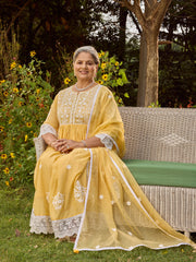 Neck Embroidery Cotton Anarkali With Pants & Dupatta
