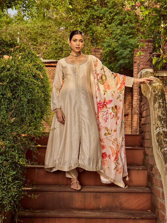 Neck Work Art Silk Kurta With Pant & Printed Dupatta