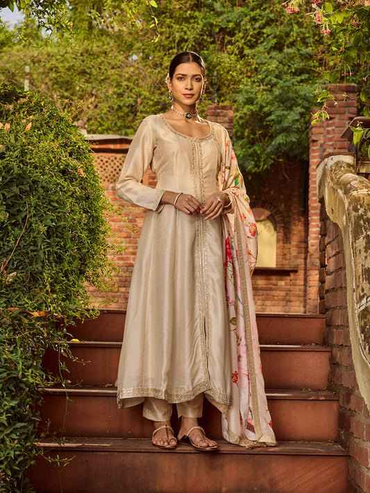 Neck Work Art Silk Kurta With Pant & Printed Dupatta