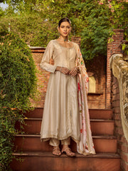 Neck Work Art Silk Kurta With Pant & Printed Dupatta
