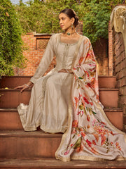 Neck Work Art Silk Kurta With Pant & Printed Dupatta