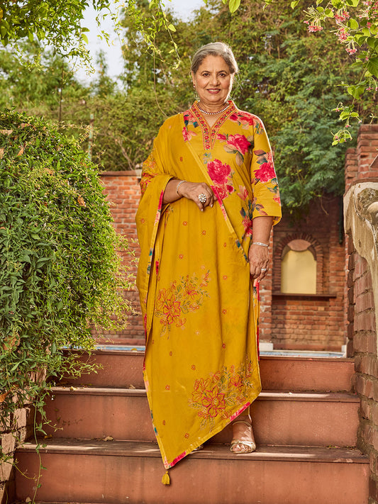 Neck Embroidered Cotton Blend Kurta With Pants & Dupatta