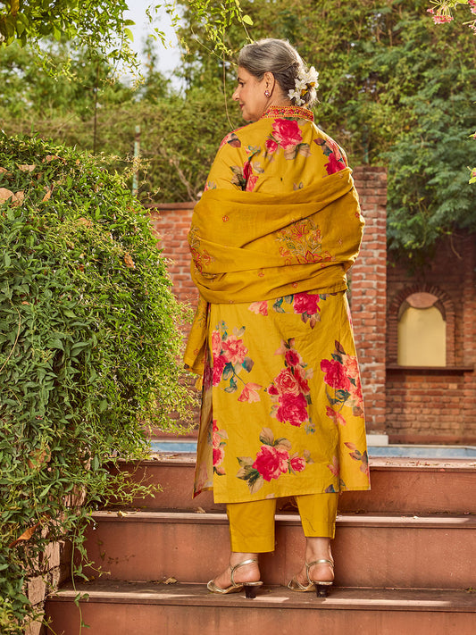 Neck Embroidered Cotton Blend Kurta With Pants & Dupatta
