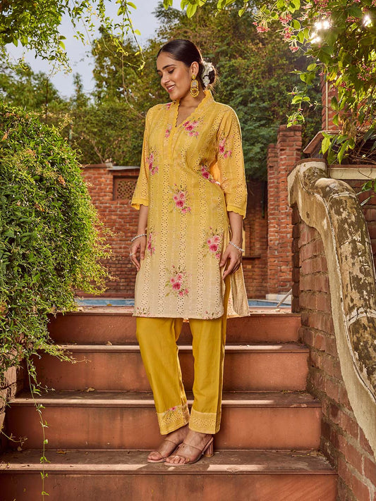 Floral Schiffli Work Cotton Blend Kurta With Pants
