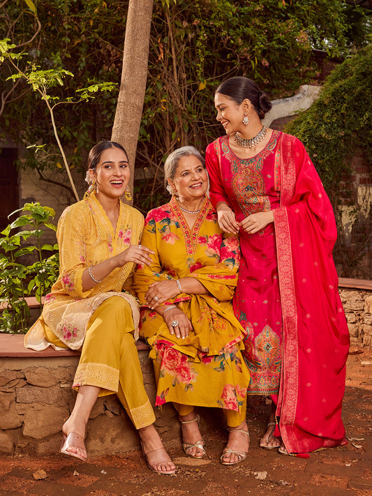 Embroidered Cotton Kurta with Pants and Dupatta (Pack of 3)