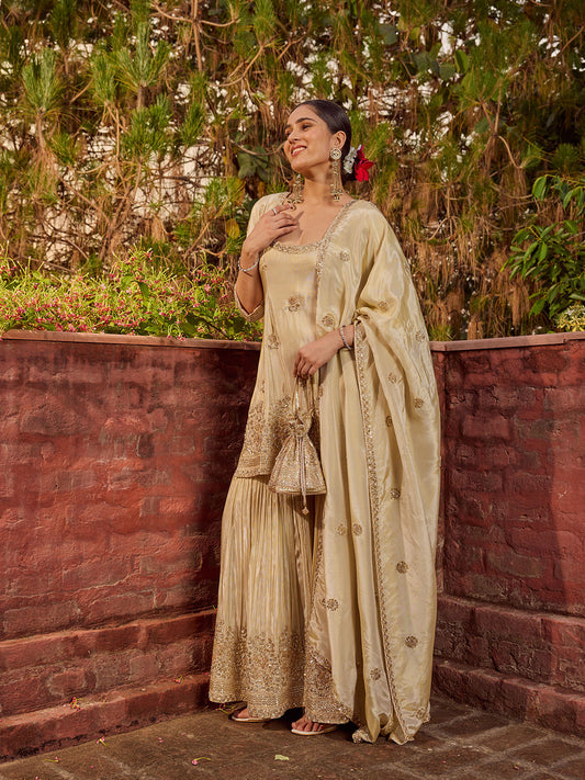 Bead Work Tissue Kurti With Sharara & Dupatta