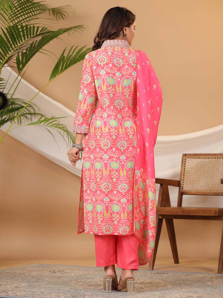 Floral Printed Muslin Kurta With Pants & Dupatta - Meena Bazaar