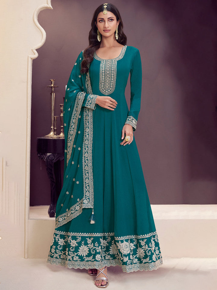 Embroidered Chinon Unstitched Suit With Pant &amp; Dupatta