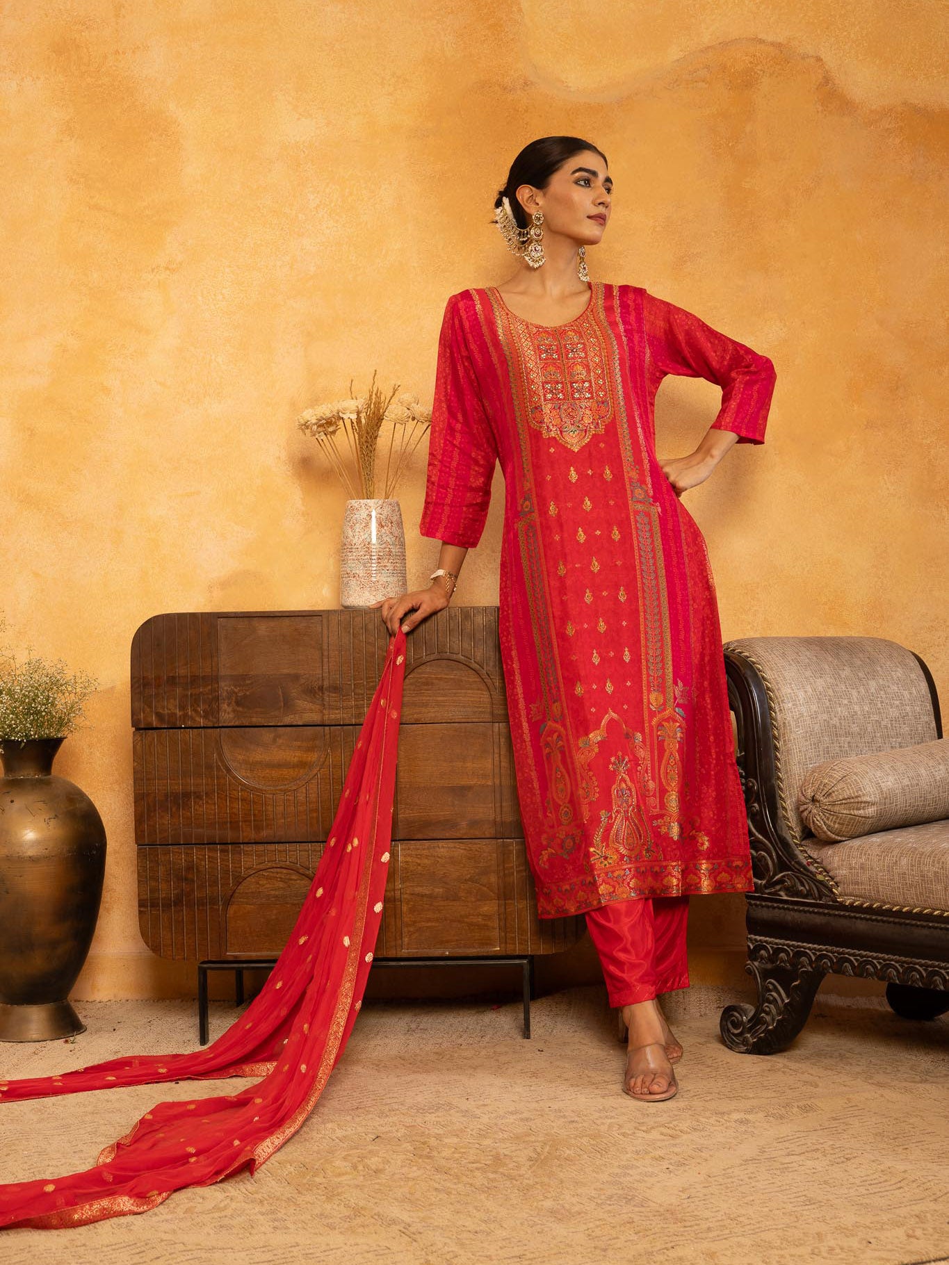 Printed Art Silk Kurta With Pants & Dupatta