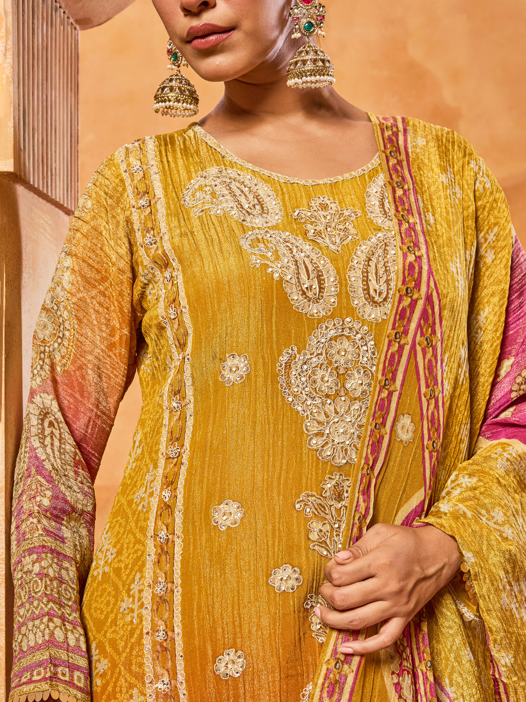Embroidered Tissue Kurta With Pants & Dupatta
