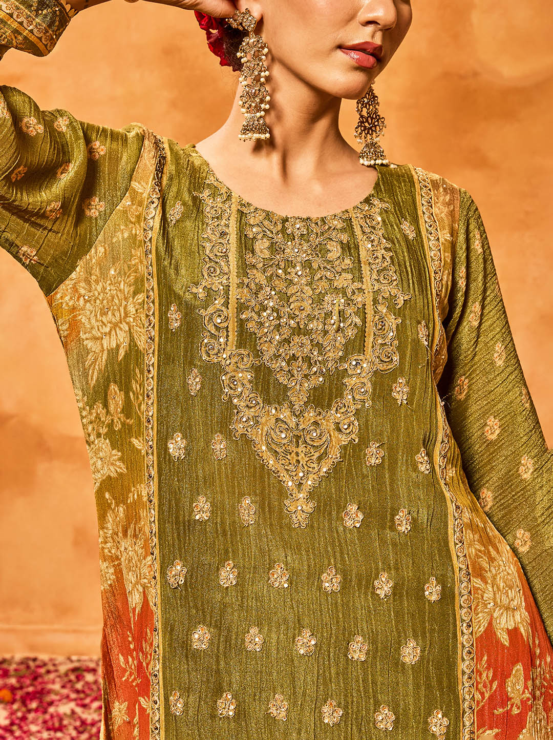 Embroidered Tissue Kurta With Pants & Dupatta
