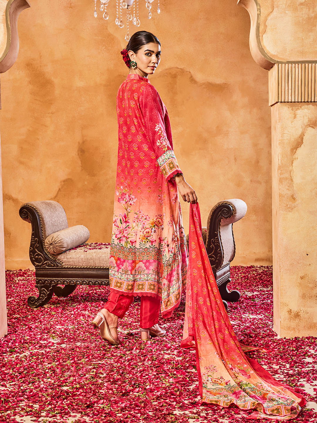 Embroidered Cotton Blend Kurta With Pants & Dupatta