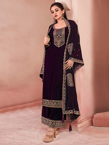Embroidered Velvet Unstitched Suit Piece With Dupatta