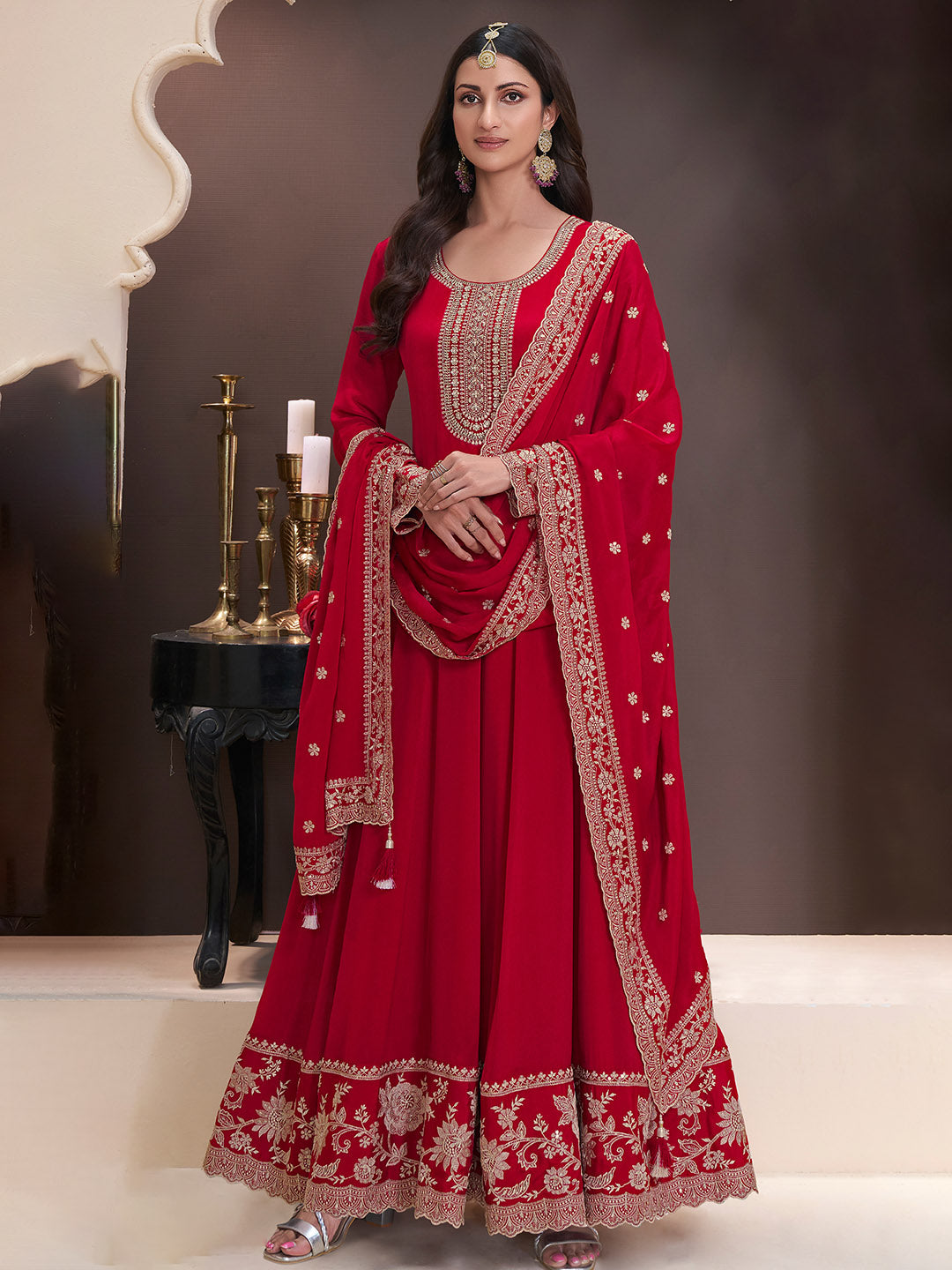 Embroidered Chinon Unstitched Suit With Pant &amp; Dupatta