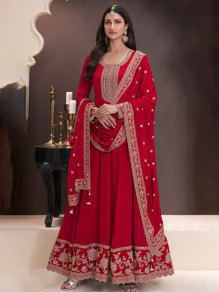 Embroidered Chinon Unstitched Suit With Pant &amp; Dupatta