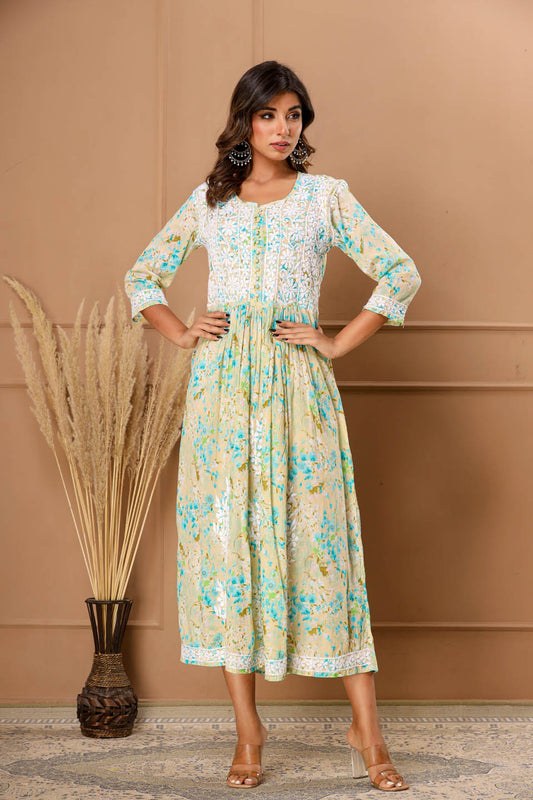 Floral Printed & Embroidered Cotton Dress