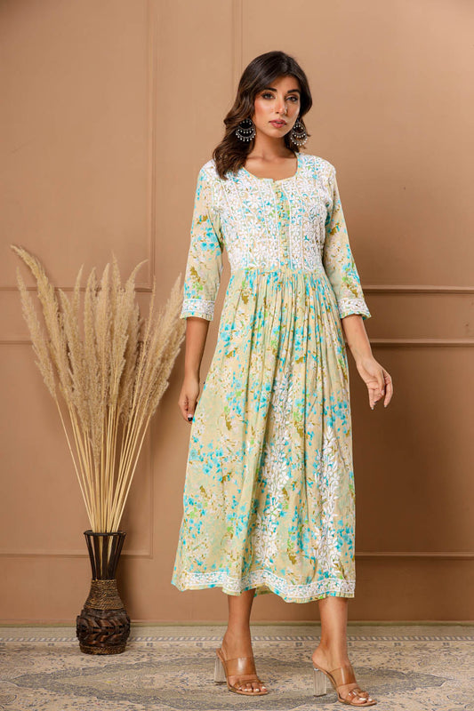 Floral Printed & Embroidered Cotton Dress