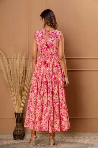 Mirror-work Embroidered Floral Print Sleeveless Ethnic Dress
