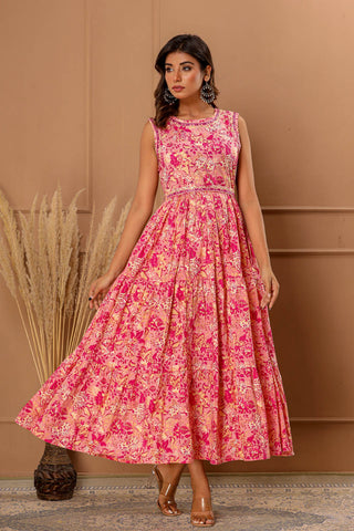 Mirror-work Embroidered Floral Print Sleeveless Ethnic Dress