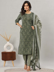 Floral Print Cotton Kurta With Pants & Dupatta