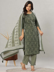 Floral Print Cotton Kurta With Pants & Dupatta