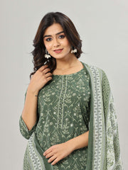 Floral Print Cotton Kurta With Pants & Dupatta