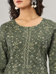 Floral Print Cotton Kurta With Pants & Dupatta