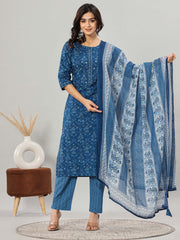 Floral Print Cotton Kurta With Pants & Dupatta