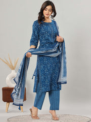 Floral Print Cotton Kurta With Pants & Dupatta