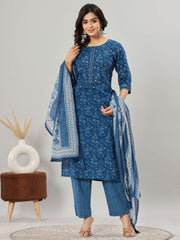 Floral Print Cotton Kurta With Pants & Dupatta