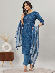 Floral Print Cotton Kurta With Pants & Dupatta