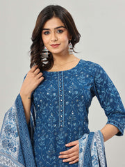 Floral Print Cotton Kurta With Pants & Dupatta