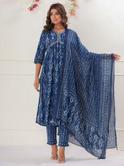 Floral Printed Cotton Kurta With Pants & Dupatta