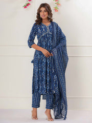 Floral Printed Cotton Kurta With Pants & Dupatta