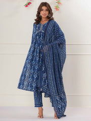 Floral Printed Cotton Kurta With Pants & Dupatta