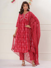 Floral Printed Cotton Kurta With Pants & Dupatta