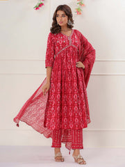 Floral Printed Cotton Kurta With Pants & Dupatta