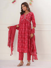 Floral Printed Cotton Kurta With Pants & Dupatta