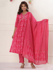 Floral Printed Cotton Kurta With Pants & Dupatta