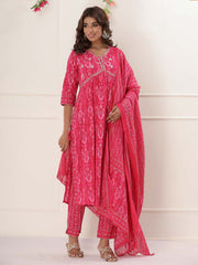 Floral Printed Cotton Kurta With Pants & Dupatta