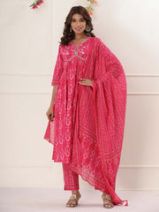 Floral Printed Cotton Kurta With Pants & Dupatta