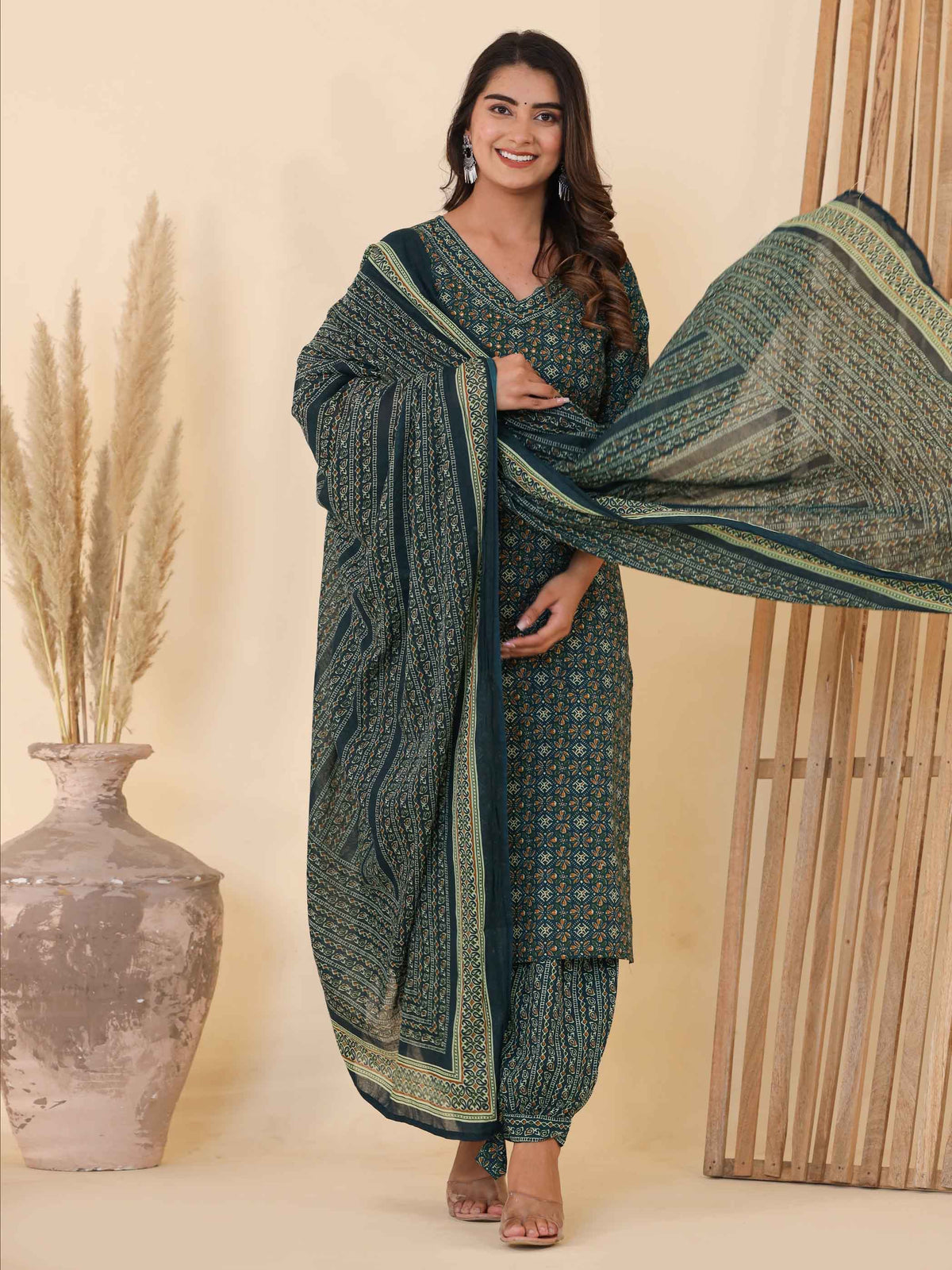 Printed Cotton Kurta With Pants & Dupatta