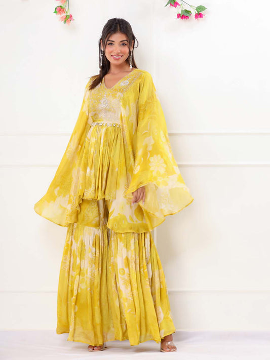 Floral Printed Chinnon Peplum Kurta With Garara